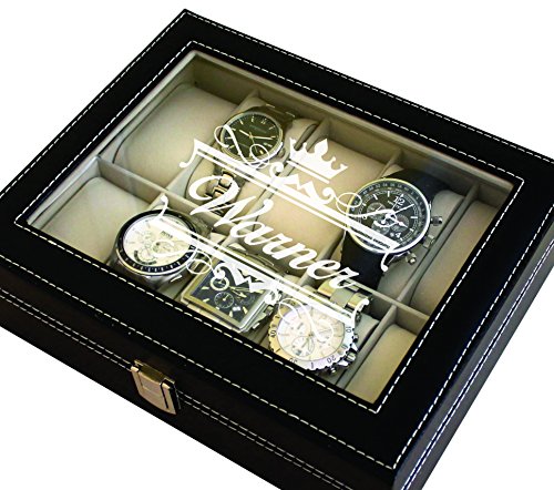 Custom Engraved Black Watch Storage Case Box - Groomsmen Father's Day Gift - Personalized - Crown Style