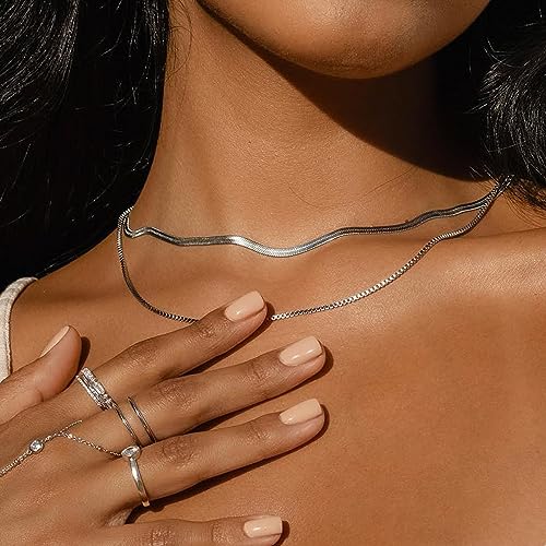 MUMREUES Silver Necklace,Sterling Silver Necklace for Women Herringbone Snake Necklace Box Chain Necklace Dainty Layered Choker Necklaces