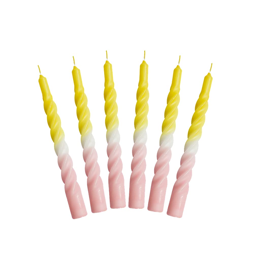 Candles with a Twist, Yellow and Pink with a White Belt Twisted, Multi-Coloured, Unscented Candles, 6 pcs.