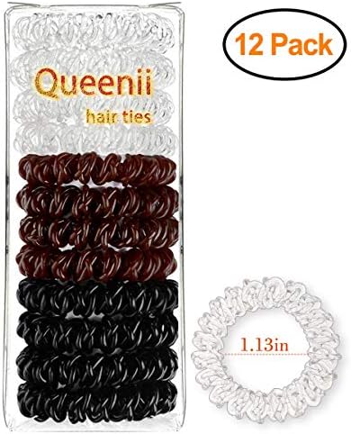12 Pcs Spiral Hair Ties No Crease Elastic Ponytail Holders Phone Cord Traceless Hair Ties for Women Thick Hair by Queenii (Black/Clear/Brown, 4pcs/color)