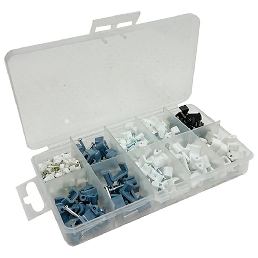 Merriway BH06595 (110 Pcs) Assortment of Flat Twin & Earth Cable Clips, Bellwire Clips & Shotgun Coax Clips in a 10 Compartment Carry Case - Pack of 110 Pieces