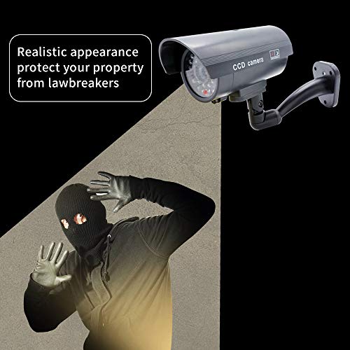 Dummy Security Camera Bullet Fake CCTV Outdoor Indoor Imitation Wall and Dome Surveillance with Flashing Blinking LED, Warning Sticker, 4 Packs, Black