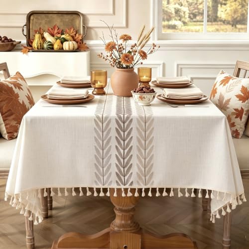 Laolitou Cotton Linen Waterproof Tablecloth for Dining Table Farmhouse Kitchen Rectangle Table Cloth Coffee Wrinkle Free Table Cover, Beige, Wine Leaf, 55x86 Inch
