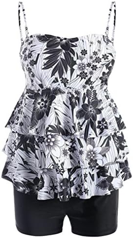 Women Floral Spaghetti Strap Flared Tankini Swimsuits Padded Bra With Boyshorts Two Piece Bathing Suits (XL, Black)