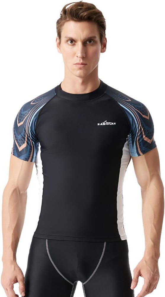Mens Rash Vest Short Sleeve Swimming T-Shirt Swim Top Rash guard Black UV Shirt