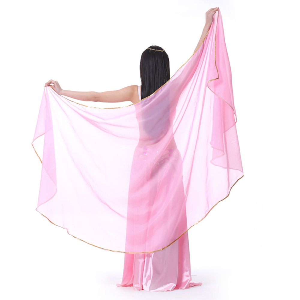 Photo 1 of 98.43" x 47.24" Lightweight Semicircle Chiffon Veil Belly Dance Scarf Blue Veil Scarf Shawls Trimed Gold Sequence (PINK)