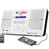Portable White CD Player Boombox Compact Stereo with FM Radio Clock Alarm USB SD Aux-in Remote Headphone Jack for kids