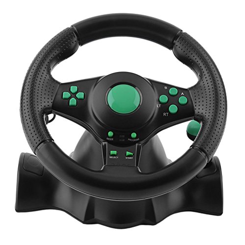 Braceus Gaming Steering Wheel, 180 Degrees Rotation ABS Gaming Vibration Racing Steering Wheel with Pedals, Suitable for Xbox 360, for PS2, for PS3