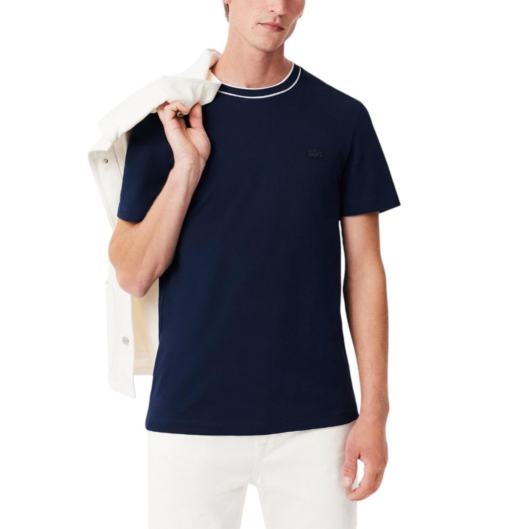 Lacoste Men’s Stretch Piqué Stripe Collar T-Shirt, Navy Blue, XX-Large