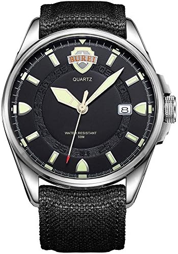 BUREI Mens Wrist Quartz Watches with Black Dial Silver Case Mineral Lens Canvas Strap