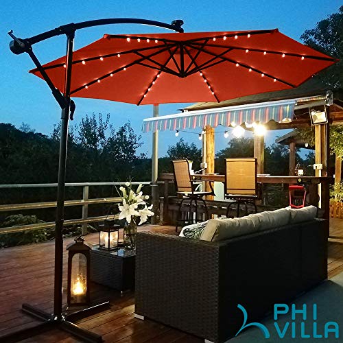 PHI VILLA 10Ft Patio Umbrella Solar LED Cantilever Offset Hanging Outdoor Umbrellas with Cross