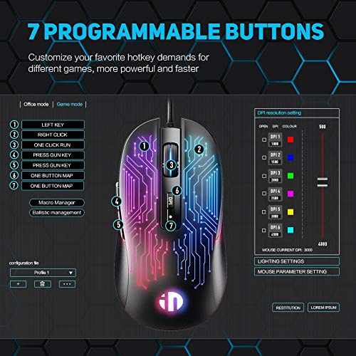 Gaming Mouse, 7 Macro Programmable Buttons, 4800DPI Adjustable, Optical Tracking, Ergonomic Design, RGB Backlight, Inphic Gaming Mice for PC Laptops Gamer, USB 1.5M Wire Compatible with Windows
