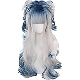 osseoca Irregular Coloring Body Wave Synthetic Long Hair Wig Blue Gradient White Gradient Blue Lolita Beauty Japanese Women Cosplay Wig
