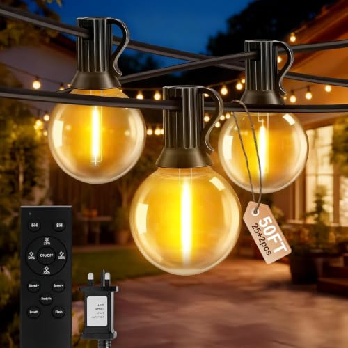 AODLEDY Outdoor String Lights, 60FT/18m 25+2 LED G40 Bulbs Garden Lights Mains Powered with Remote Control Dimmable Timer, Waterproof Festoon Light for Balcony Gazebo Patio Pergola