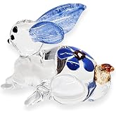 WitnyStore Tiny 1¼" Clear Blue Flowered Rabbit Figurine Miniature Hand Blown Painted Glass Bunny Rabbits Hare Wildlife Animals Cute Colorful Crystal Decorative Figure Collectible Figurines Décor Gifts
