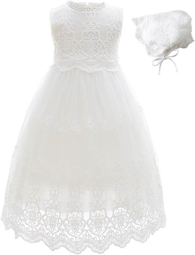 Slowera Baby Girls White Lace Dress Christening Baptism Gowns and Bonnet