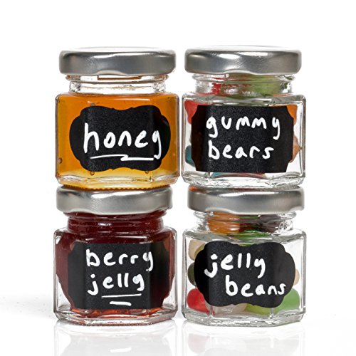 Hexagon Glass Jars by Nellam - 1.5oz, 12 Pack. Includes 24 Chalk Sticker Labels and 2x Chalk Pen. DIY Jars for Canning, Party Favors, Jams, Sauces, Herbs, Spices. (Silver Lid - 12 Pcs)