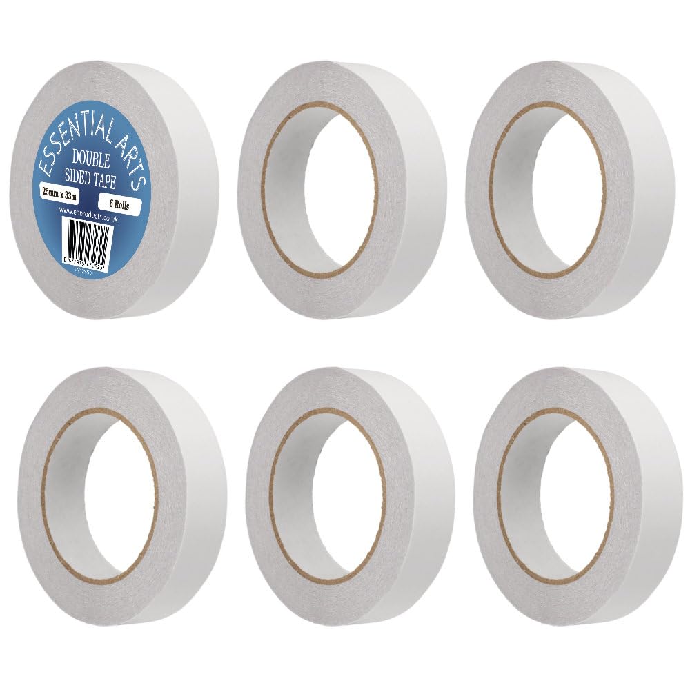 Essential Arts 6 Rolls Double Side Tape 25mm x 33m (1 inch) - Strong Clear Adhesive Tape