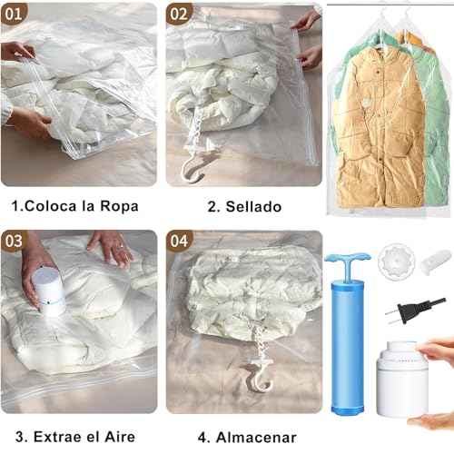 12 Pack Bolsas de Almacenamiento al Vacío Grande - Con Eléctrica Bomba, Bolsas al Vacio Ropa Reutilizables, Bolsas al Vacío Ropa de Colgantes para Colgar, Vacuum Storage Bags, Bolsa de Almacenamiento