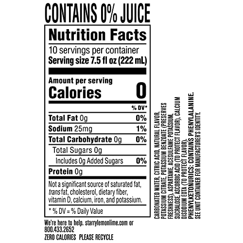 STARRY ZERO SUGAR LEMON LIME SODA, CAFFEINE FREE, MINI CANS, 7.5 OUNCE (PACK OF 10)
