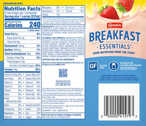 CARNATION BREAKFAST ESSENTIALS READY-TO-DRINK, CREAMY STRAWBERRY, 8 FL OZ BOTTLE (PACK OF 6) (PACKAGING MAY VARY)