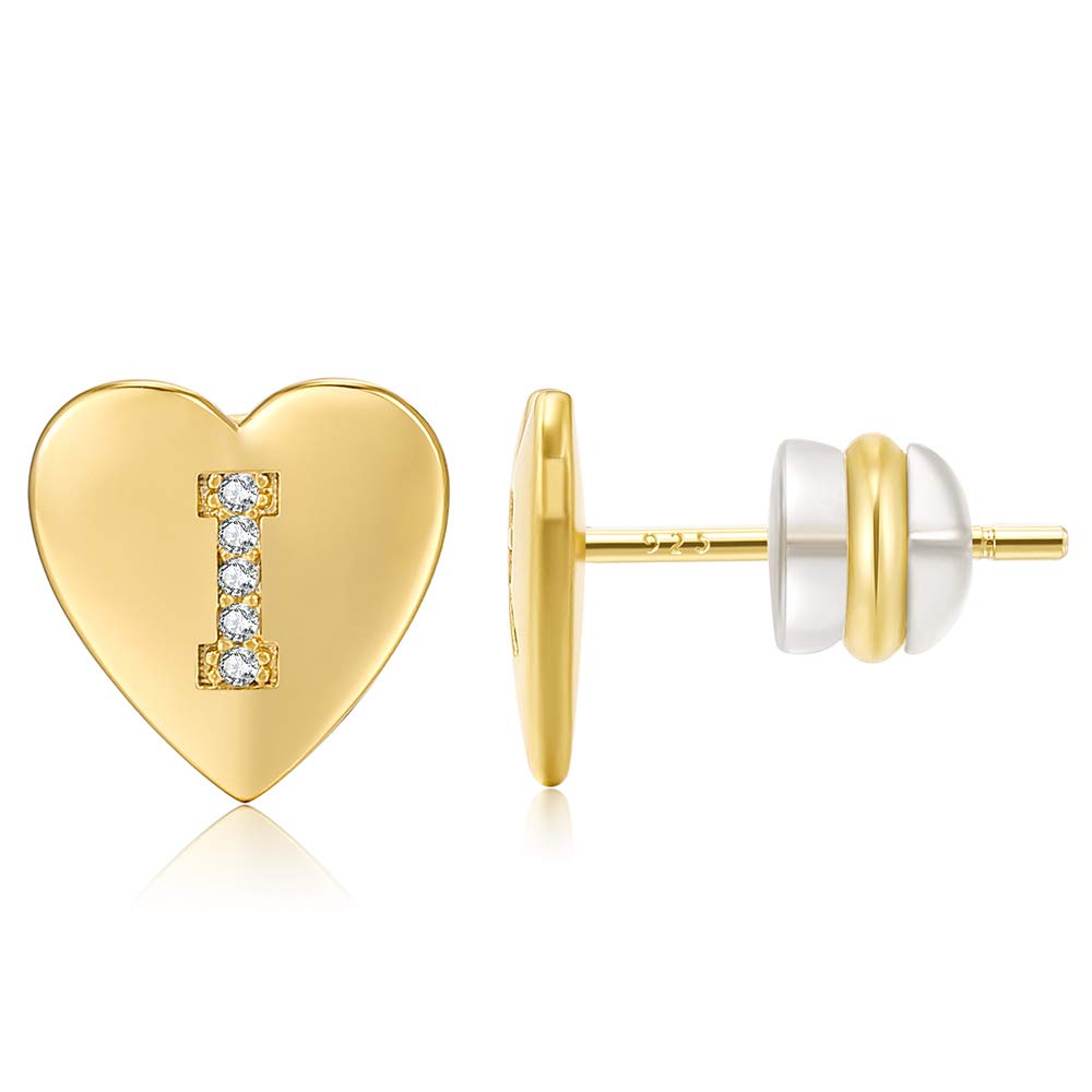 AoedeJ 14K Gold Plated Heart Initial Earring for Girls Women Sterling Silver CZ Letter Initial Alphabet Stud Earring Valentines Day Gift