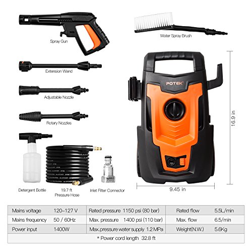 Potek 1400PSI 1.4 GPM 11-AMP Electric Pressure Washer with Accessories Spray Nozzle Gun,Spray Brush and Detergent Nozzle