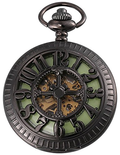 Carrie Hughes Men Baroque Steampunk Luminous dial Skeleton Mechanical Pocket watch with chain Gift box (Black-luminous dial)