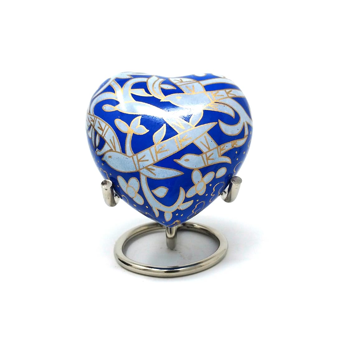 Well Blessed Hand Painted Golden Outlined Flying Bird Design Small Heart Keepsake Memorial Urn For Ashes, A Small Heart Keepsake Urn.