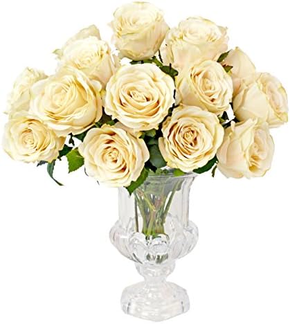 Natural-Looking Cream Rose Bouquet in Cut Glass Urn with Acrylic Water