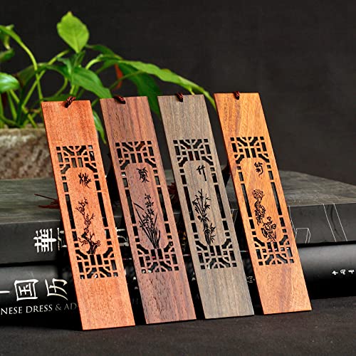 CENPEK 4 Pack Solid Wood Bookmarks Carved with Plum Orchid Bamboo Chrysanthemum Bookmarks for Women and Men-Style A
