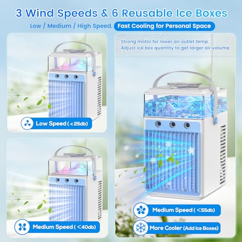 5 in 1 Mini Mobile Air Conditioner, Portable Fan, Air Conditioner Fan with 3 Speeds and 3 Mist Modes, APP Control, No Evacuation Air Conditioners for Room Car, 6 Ice Cubes