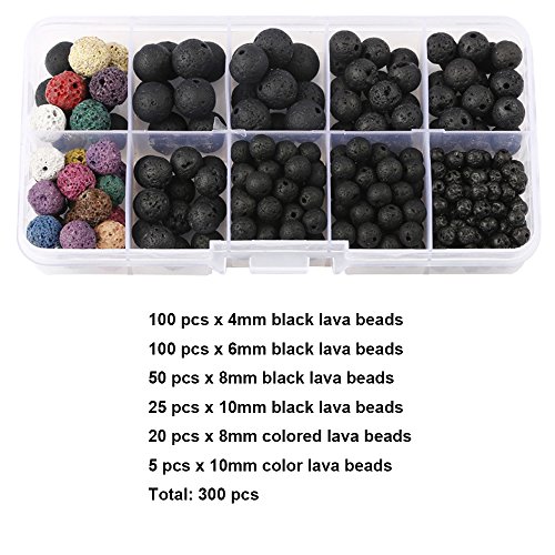 Lava Bead Kit, 300 Black Colored Loose Volcanic Lava Rock Stone Beads Balls Kit | 21 Chakra Beads | 2 Crystal Strings Set Real Natuaral Bulk Wholesale for Essential Oil Jewelry Making by Afantti