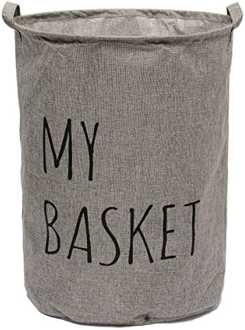 Laundry Basket Linen Cotton Foldable Round Waterproof Coating Hamper Storage Bag Toy Storage Basket Box 15.7" x 18.9" (Grey)