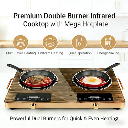 Jospondent Double burner electric ceramic stove, 3500W high-power electric cooking stove, no installation required, wood grain tempered glass and black crystal glass panel, aluminum alloy shell with