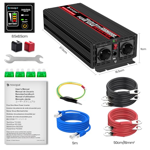 Novopal 2000W Pure Sine Wave Power Inverter DC 12 V in AC 220 V with 2 EU Socket, 1 USB, 5 M Remote Control, Suitable for Houses, Motorhomes, Trucks, Peak 4000 W