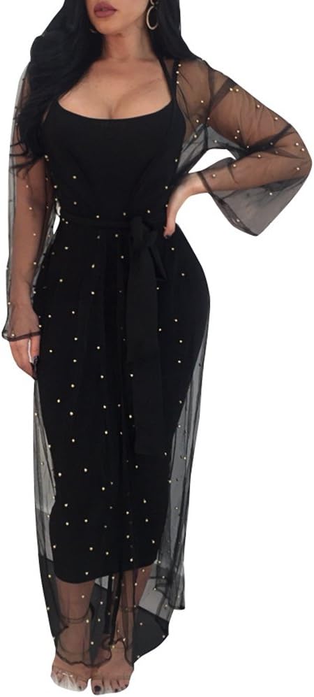 Synker Women's Spaghetti Strap Casual Mesh Rivets Open Front Cardigans 2 Pieces Maxi Dress
