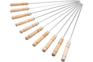 HAKSEN 16 inch Kabob Skewers with Wood Handle for BBQ Camping Cookware Campfire Grilling Cooking, Stainless Steel, 10PCS