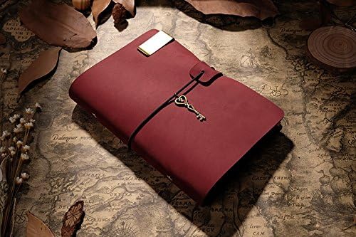 Handmade Vintage Genuine Leather 6-Hole Ring Binding Traveler Journal Note Book with Accessories Pack, Can Be Customized With Lettering (Red, A5)