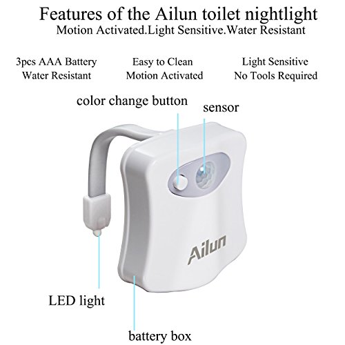 Toilet Night Light 2Pack by Ailun Motion Sensor Activated LED, 8 Colors