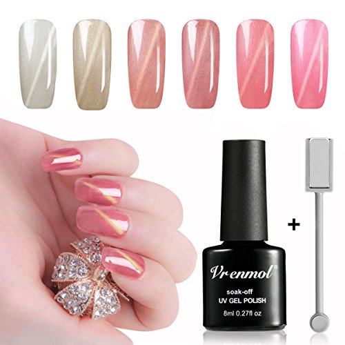 Vrenmol 6pcs Cat Eye Nail Gel Polish Pink Shining Set Soak Off UV/LED Lacquer Manicure Nail Art Kit 8ml + Free Magnet Stick