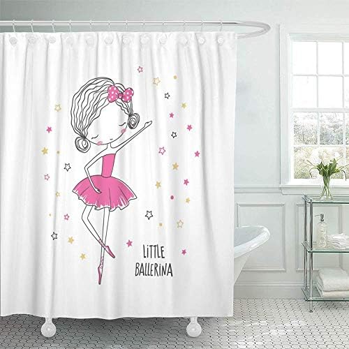 Woodrowv Shower Curtain with Hooks, Bath Curtain, Waterproof Polyester Fabric 72 x 72 inches Baby Little Ballerina Graphic Kid's Design Ballet Character Drawing Princess Set Hooks Decorative Bathroom