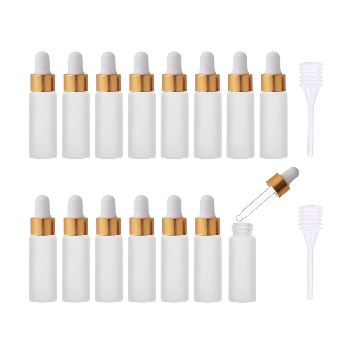 Enslz 15pcs 5ml Mini Empty Frosted Essential Oil Glass Dropper bottle Reusable Bottles Vial Nasal Oil dropper refillable bottle with Metal Screw Mouth lid&rubber Bulb (5ml, Gold)