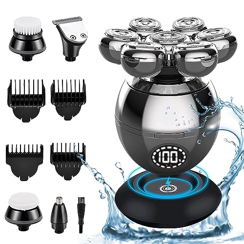 Men's Head Shaver, 5 in 1 Shaver Head with 7 Rotary Heads and LED Display, Men's Head Shaver in Dry and Wet to Water with Wireless Charging and Type C Charging Cable