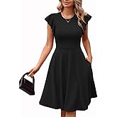 MSLG Women's Fit and Flare Ruffle Short Sleeves Dresses Work V-Back Cocktail Semi Formal A Line Dress with Pockets 842