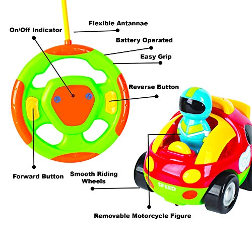 Big Mo's Toys Cartoon RC Race Car - Beginner's Remote Control for Toddlers and Kids with Sounds, Music, Flashing Lights and Removable Driver Action Figure - Easy Steering Wheel Controller - Thumbnail 4
