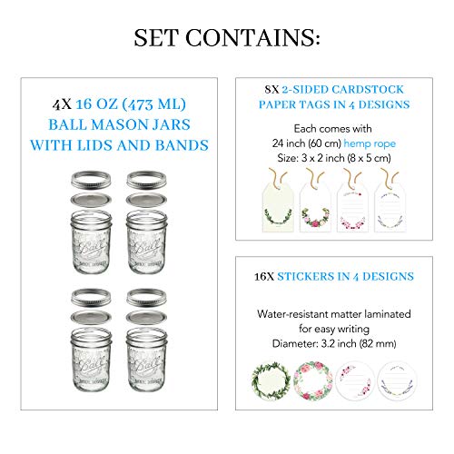 Ball Mason Jar Canning Jars 16 oz Mason Jar [Set of 4 Pint Jars] with