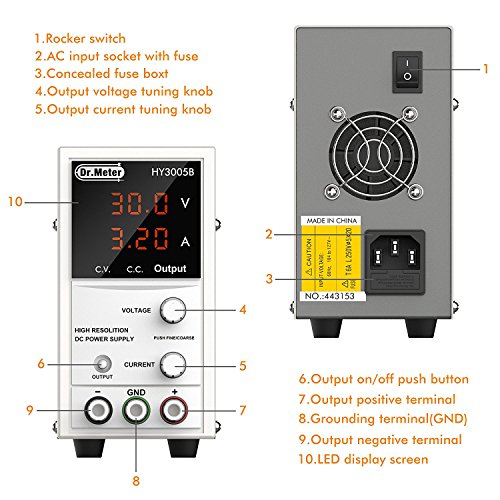 Dr.meter 30V 5A DC Power Supply with Alligator Cable and Power Cord