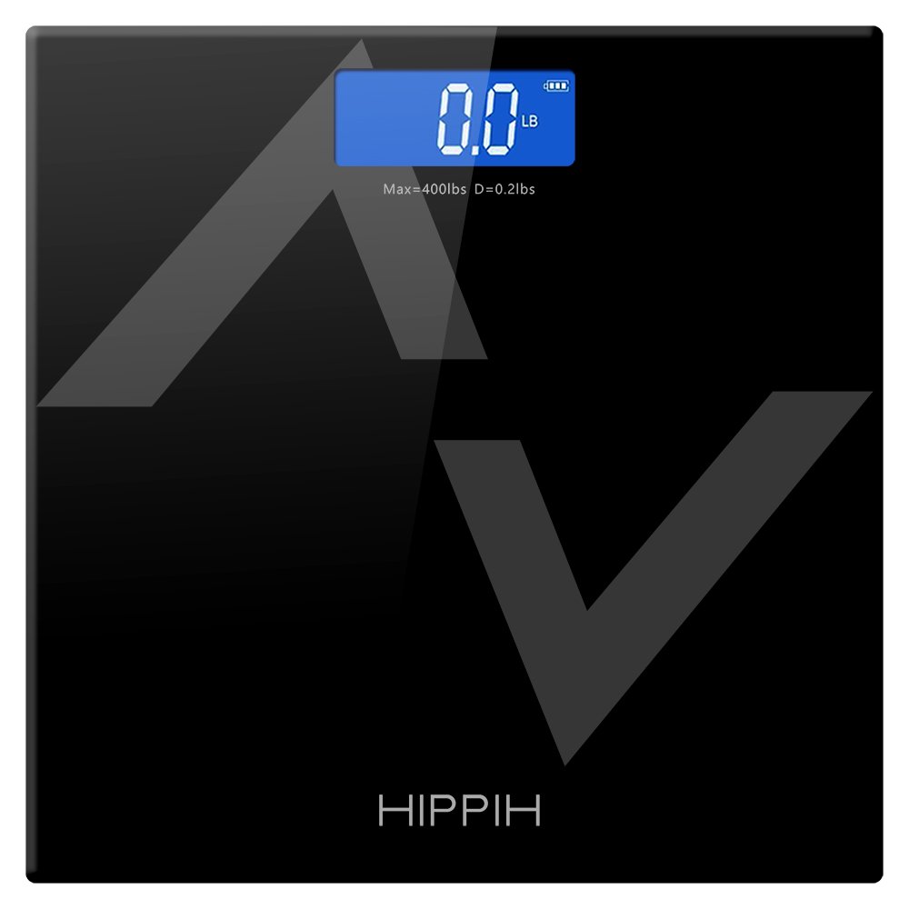 Hippih 400lb / 180kg Electronic Bathroom Scale with Tempered Right Angle Glass Balance Platform and Advanced Step-On Technology, Digital Weight Scale has Large Easy Read Backlit LCD Display D-015