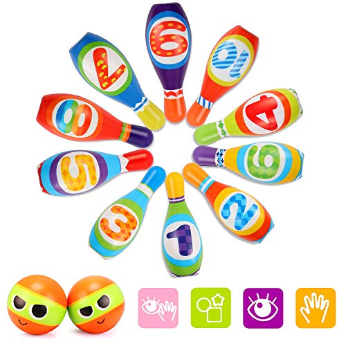 Toyssa Bowling Set Indoor Foam Bowling Game Early Educational Toys for Toddler Kids with 10 Pins 2 Balls and 1 Eye Mask - Thumbnail 2